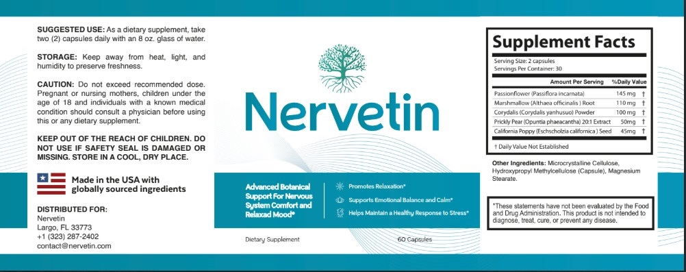 Nervetin product label with Supplement Facts and ingredients